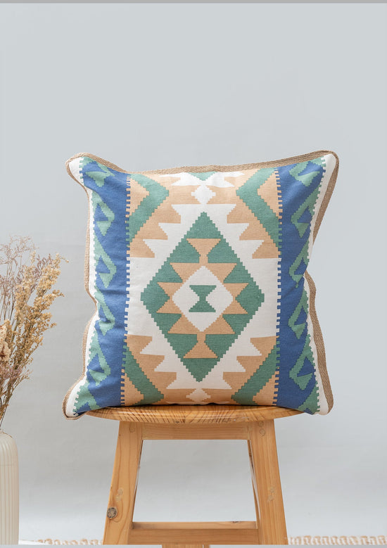 Koh 100% cotton geometric cushion cover for sofa - Indigo-240454028