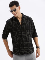 Men Spread Collar Printed Slim Fit Black Shirt-Kota-2798-Black