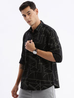 Men Spread Collar Printed Slim Fit Black Shirt-Kota-2798-Black