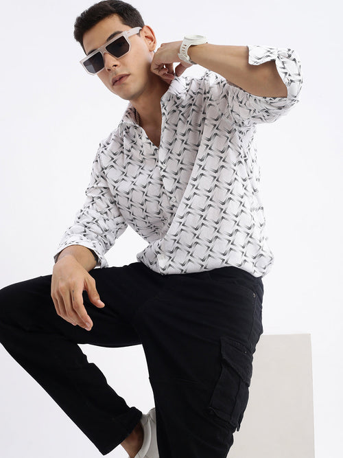 Men Spread Collar Printed Slim Fit White Shirt-Kota-2800-White