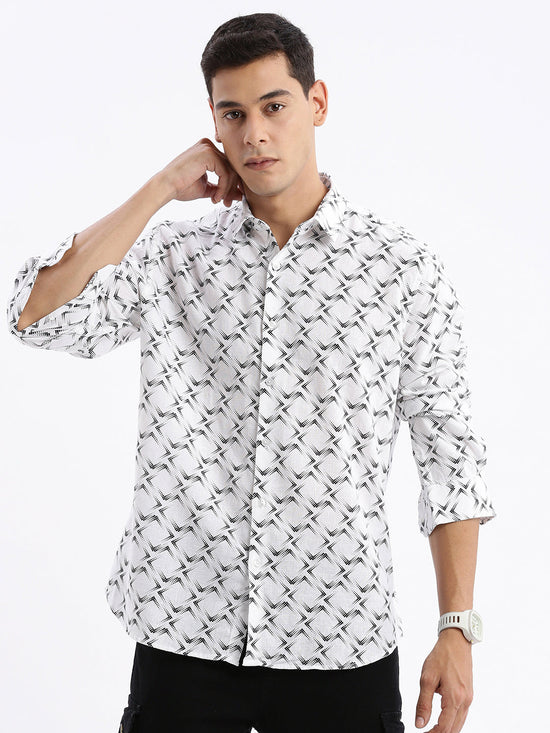 Men Spread Collar Printed Slim Fit White Shirt-Kota-2800-White