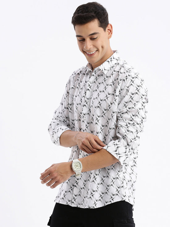 Men Spread Collar Printed Slim Fit White Shirt-Kota-2800-White