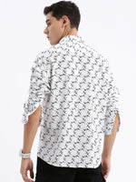 Men Spread Collar Printed Slim Fit White Shirt-Kota-2800-White