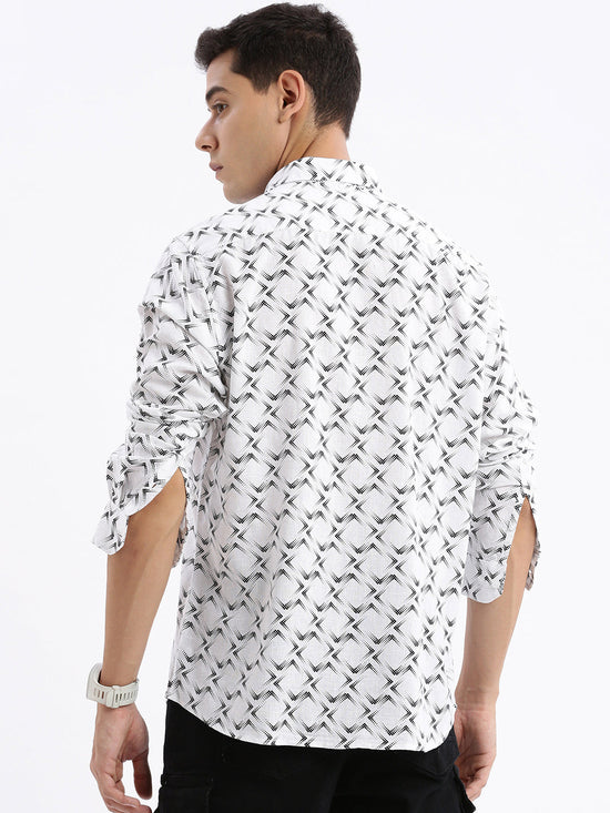 Men Spread Collar Printed Slim Fit White Shirt-Kota-2800-White