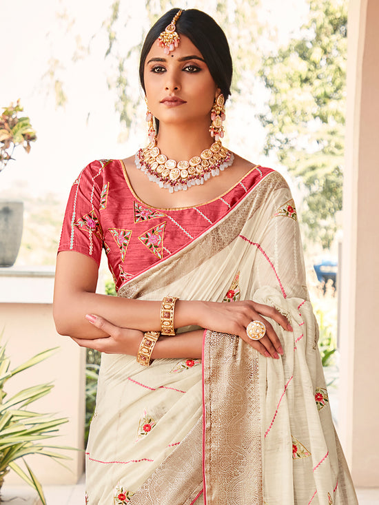 Saree Mall Women's Cotton Blend Off White Embellished Celebrity Saree With Blouse Piece-LAJRI11972