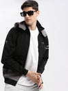 Men Colourblocked Mock Collar Black Bomber Jacket Comes with Detachable Hoodie-LBR-104-Black