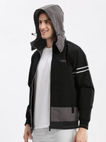 Men Colourblocked Mock Collar Black Bomber Jacket Comes with Detachable Hoodie-LBR-104-Black