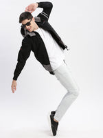 Men Colourblocked Mock Collar Black Bomber Jacket Comes with Detachable Hoodie-LBR-104-Black