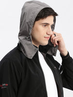 Men Colourblocked Mock Collar Black Bomber Jacket Comes with Detachable Hoodie-LBR-104-Black