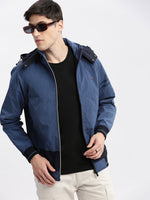 Men Colourblocked Mock Collar Blue Bomber Jacket Comes with Detachable Hoodie-LBR-104-Blue