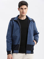 Men Colourblocked Mock Collar Blue Bomber Jacket Comes with Detachable Hoodie-LBR-104-Blue