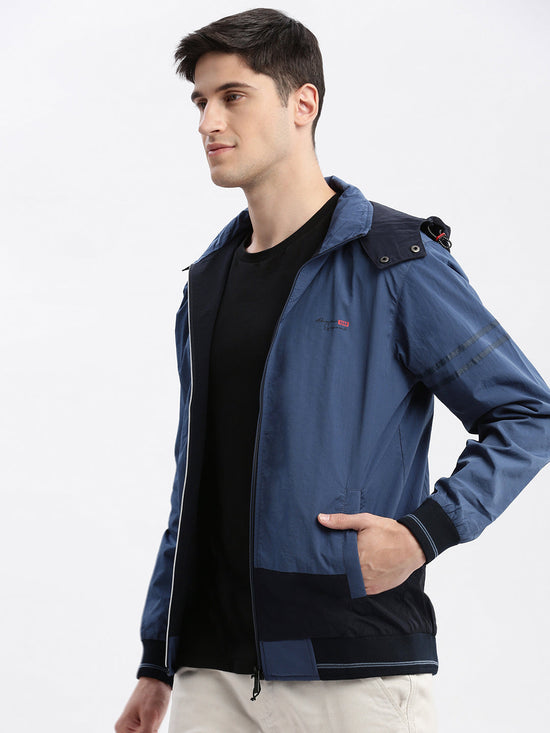 Men Colourblocked Mock Collar Blue Bomber Jacket Comes with Detachable Hoodie-LBR-104-Blue