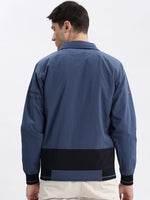 Men Colourblocked Mock Collar Blue Bomber Jacket Comes with Detachable Hoodie-LBR-104-Blue