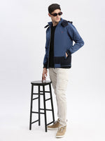 Men Colourblocked Mock Collar Blue Bomber Jacket Comes with Detachable Hoodie-LBR-104-Blue