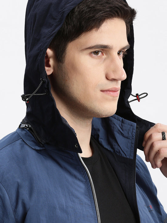 Men Colourblocked Mock Collar Blue Bomber Jacket Comes with Detachable Hoodie-LBR-104-Blue