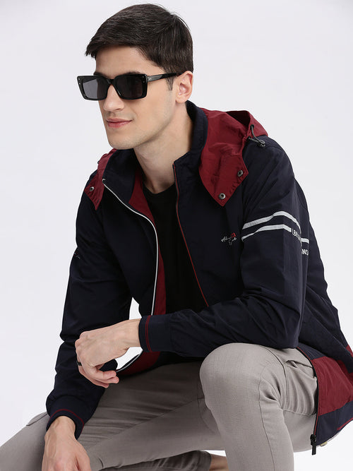 Men Colourblocked Mock Collar Navy Blue Bomber Jacket Comes with Detachable Hoodie-LBR-104-Navyblue