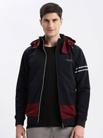 Men Colourblocked Mock Collar Navy Blue Bomber Jacket Comes with Detachable Hoodie-LBR-104-Navyblue