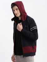 Men Colourblocked Mock Collar Navy Blue Bomber Jacket Comes with Detachable Hoodie-LBR-104-Navyblue