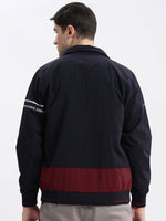 Men Colourblocked Mock Collar Navy Blue Bomber Jacket Comes with Detachable Hoodie-LBR-104-Navyblue