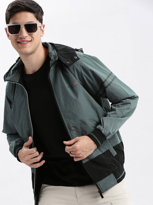 Men Colourblocked Mock Collar Teal Bomber Jacket Comes with Detachable Hoodie-LBR-104-Teal