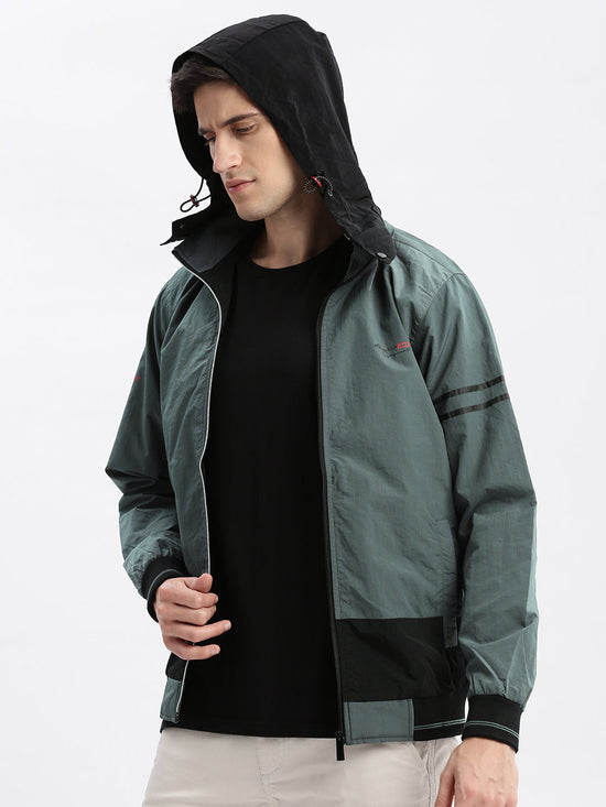 Men Colourblocked Mock Collar Teal Bomber Jacket Comes with Detachable Hoodie-LBR-104-Teal