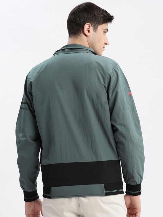 Men Colourblocked Mock Collar Teal Bomber Jacket Comes with Detachable Hoodie-LBR-104-Teal