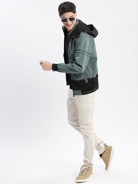 Men Colourblocked Mock Collar Teal Bomber Jacket Comes with Detachable Hoodie-LBR-104-Teal