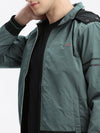 Men Colourblocked Mock Collar Teal Bomber Jacket Comes with Detachable Hoodie-LBR-104-Teal