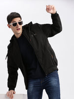 Men Solid Mock Collar Black Bomber Jacket Comes with Detachable Hoodie-LBR-1709-Black