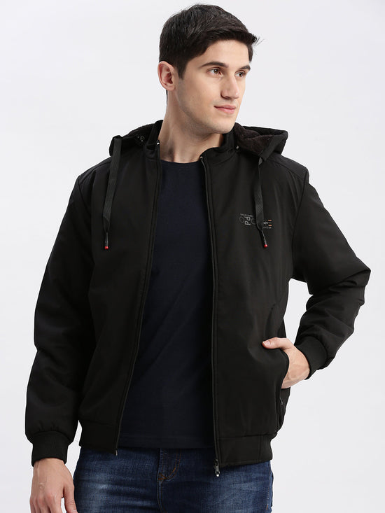 Men Solid Mock Collar Black Bomber Jacket Comes with Detachable Hoodie-LBR-1709-Black