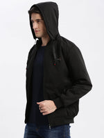 Men Solid Mock Collar Black Bomber Jacket Comes with Detachable Hoodie-LBR-1709-Black