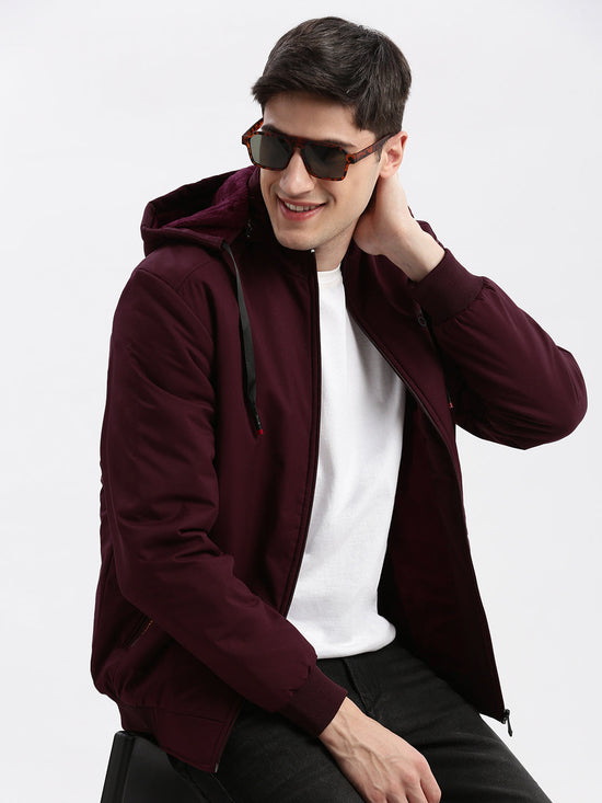 Men Solid Mock Collar Maroon Bomber Jacket Comes with Detachable Hoodie-LBR-1709-Maroon