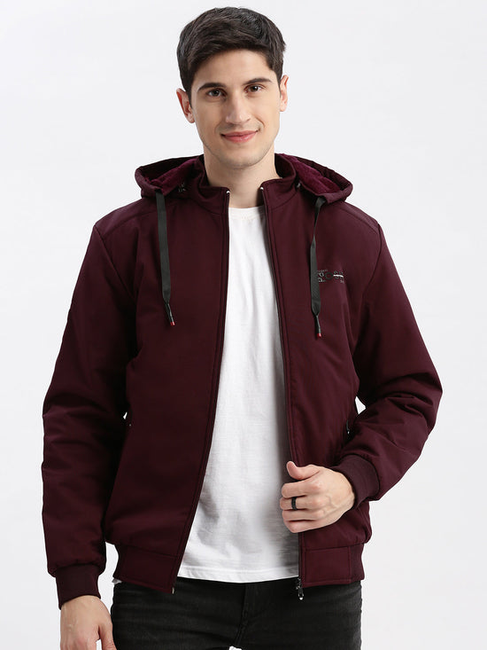 Men Solid Mock Collar Maroon Bomber Jacket Comes with Detachable Hoodie-LBR-1709-Maroon