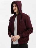 Men Solid Mock Collar Maroon Bomber Jacket Comes with Detachable Hoodie-LBR-1709-Maroon