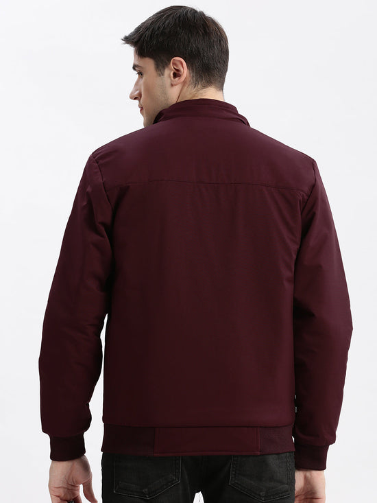 Men Solid Mock Collar Maroon Bomber Jacket Comes with Detachable Hoodie-LBR-1709-Maroon