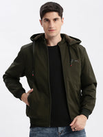 Men Solid Mock Collar Olive Bomber Jacket Comes with Detachable Hoodie-LBR-1709-Olive