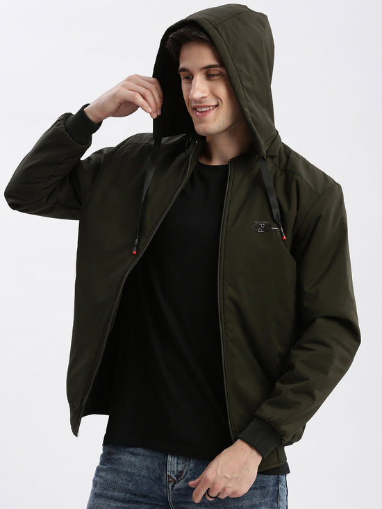 Men Solid Mock Collar Olive Bomber Jacket Comes with Detachable Hoodie-LBR-1709-Olive