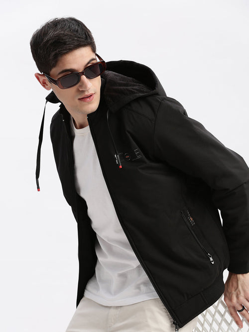 Men Solid Mock Collar Black Bomber Jacket Comes with Detachable Hoodie-LBR-1712-Black