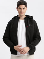 Men Solid Mock Collar Black Bomber Jacket Comes with Detachable Hoodie-LBR-1712-Black