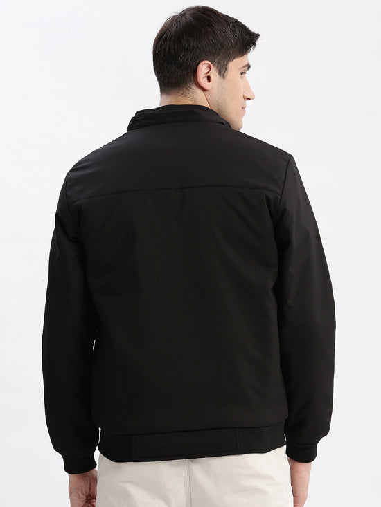 Men Solid Mock Collar Black Bomber Jacket Comes with Detachable Hoodie-LBR-1712-Black