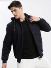 Men Solid Mock Collar Navy Blue Bomber Jacket Comes with Detachable Hoodie-LBR-1712-Navyblue