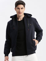 Men Solid Mock Collar Navy Blue Bomber Jacket Comes with Detachable Hoodie-LBR-1712-Navyblue