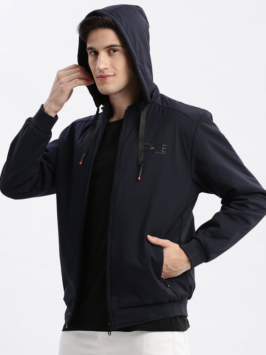 Men Solid Mock Collar Navy Blue Bomber Jacket Comes with Detachable Hoodie-LBR-1712-Navyblue