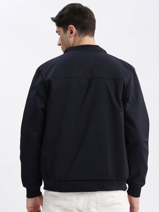 Men Solid Mock Collar Navy Blue Bomber Jacket Comes with Detachable Hoodie-LBR-1712-Navyblue