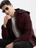 Men Solid Mock Collar Burgundy Bomber Jacket Comes with Detachable Hoodie-LBR-209-Burgundy