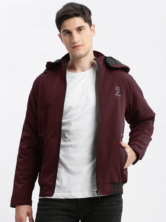 Men Solid Mock Collar Burgundy Bomber Jacket Comes with Detachable Hoodie-LBR-209-Burgundy