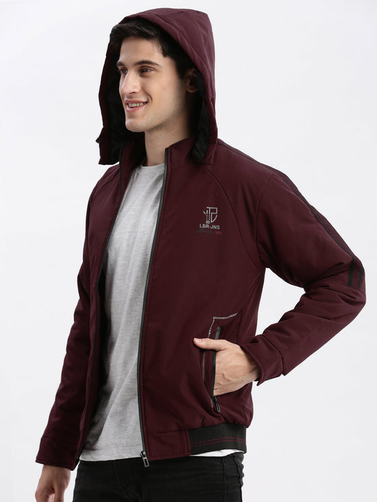 Men Solid Mock Collar Burgundy Bomber Jacket Comes with Detachable Hoodie-LBR-209-Burgundy