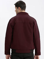 Men Solid Mock Collar Burgundy Bomber Jacket Comes with Detachable Hoodie-LBR-209-Burgundy