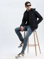 Men Solid Mock Collar Navy Blue Bomber Jacket Comes with Detachable Hoodie-LBR-209-Navyblue