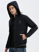 Men Solid Mock Collar Navy Blue Bomber Jacket Comes with Detachable Hoodie-LBR-209-Navyblue